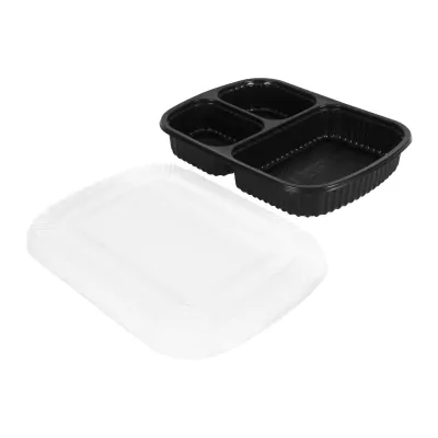 กล่องเหลี่ยม 900 ml. 3 ช่อง ดำ + ฝาPVC 3