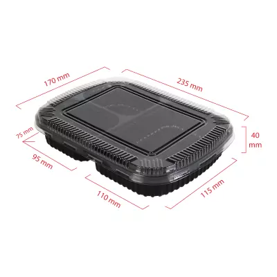 กล่องเหลี่ยม 900 ml. 3 ช่อง ดำ + ฝาPVC 1